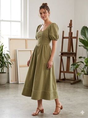Moon River Olive Green Puff Sleeve Corset Midi Dress Cotton Smocked Back Size M